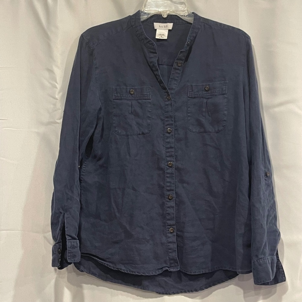 Kate Hill Navy Blue 100% Linen Roll Tab Sleeve Button Down Shirt Mandarin Collar